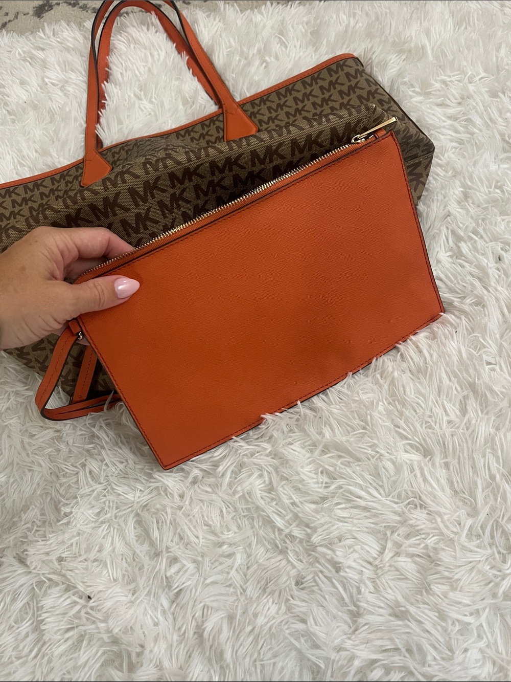 Michael Kors Brown MK Logo Tote with Orange Trim - Picture 5 of 6